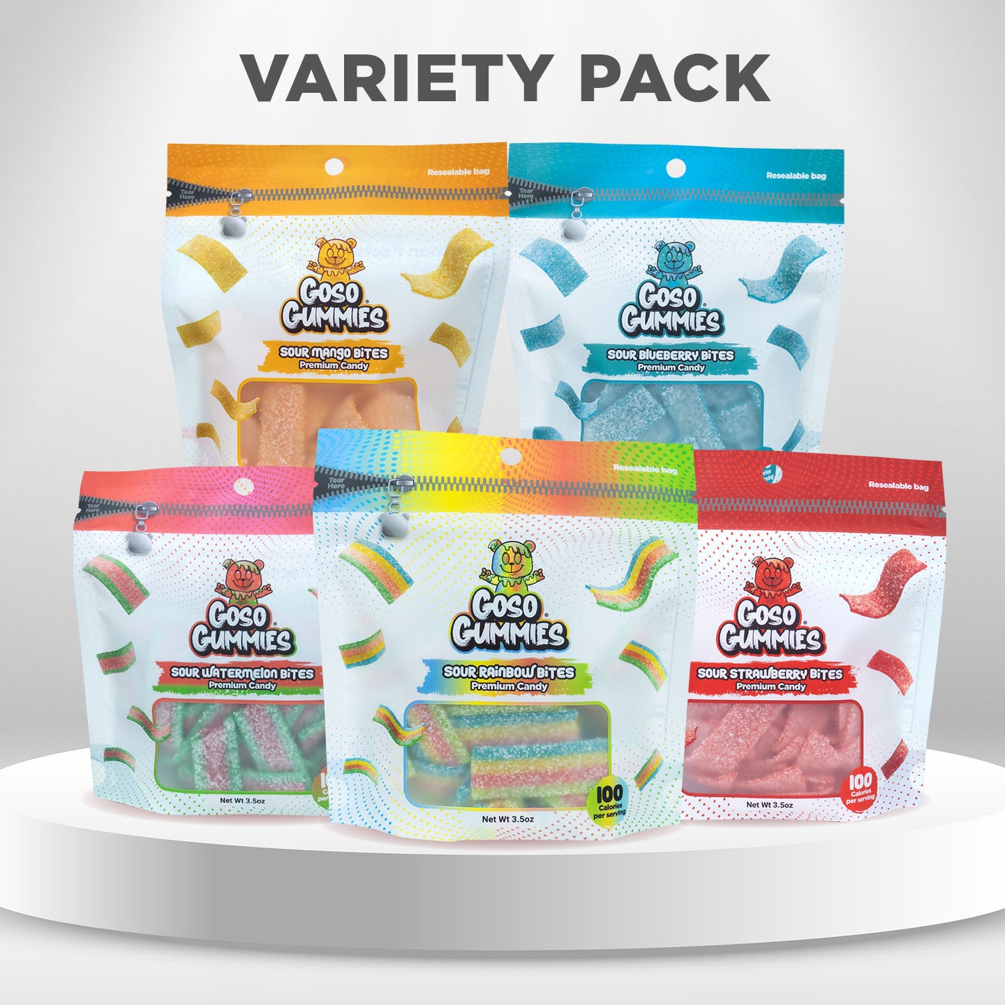 Goso Gummies - Sour Candy Bites Variety Pack – 5 Flavors - Mango, Strawberry, Watermelon, Rainbow, Blueberry - Extreme Sour Strips & Fruity Bites Sampler - Viral Candy