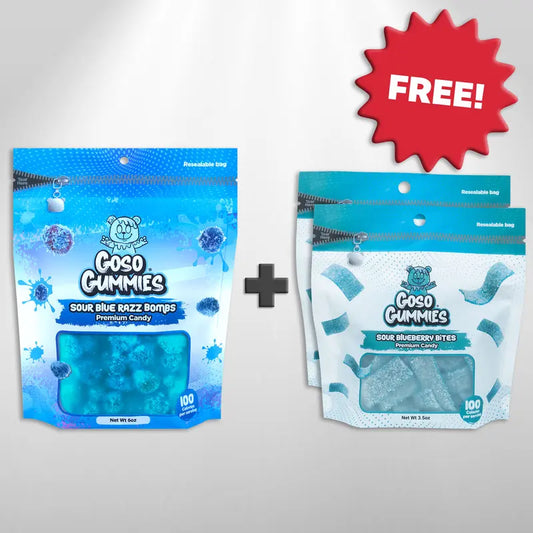 Goso Gummies Sour Blue Razz Gusher Bombs + 2 FREE Sour Blueberry Bites Bags - Viral Candy Deal – Free Gift