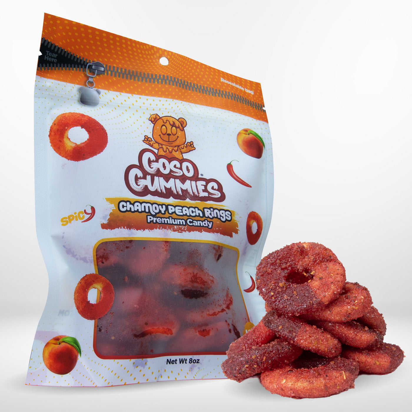 Goso Gummies Spicy Chamoy Peach Rings 8oz - Juicy Chewy Flavor Fruit Snack