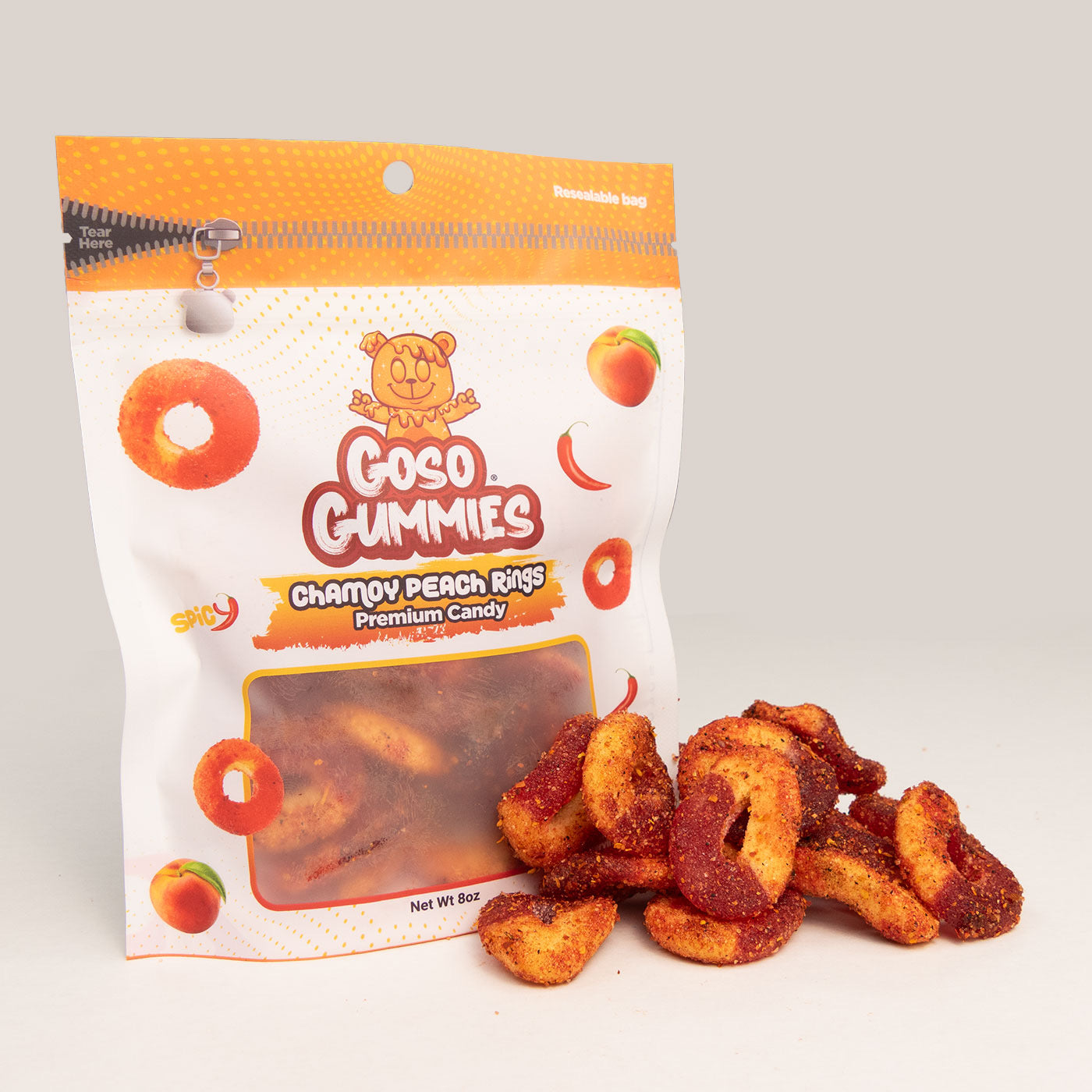 Goso Gummies Spicy Chamoy Peach Rings 8oz - Juicy Chewy Flavor Fruit Snack