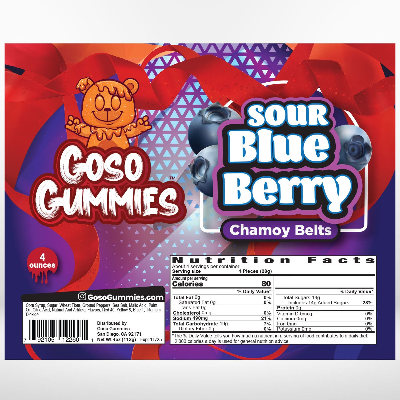 Goso Gummies Sour Blueberry Chamoy Belts - 4oz Bag