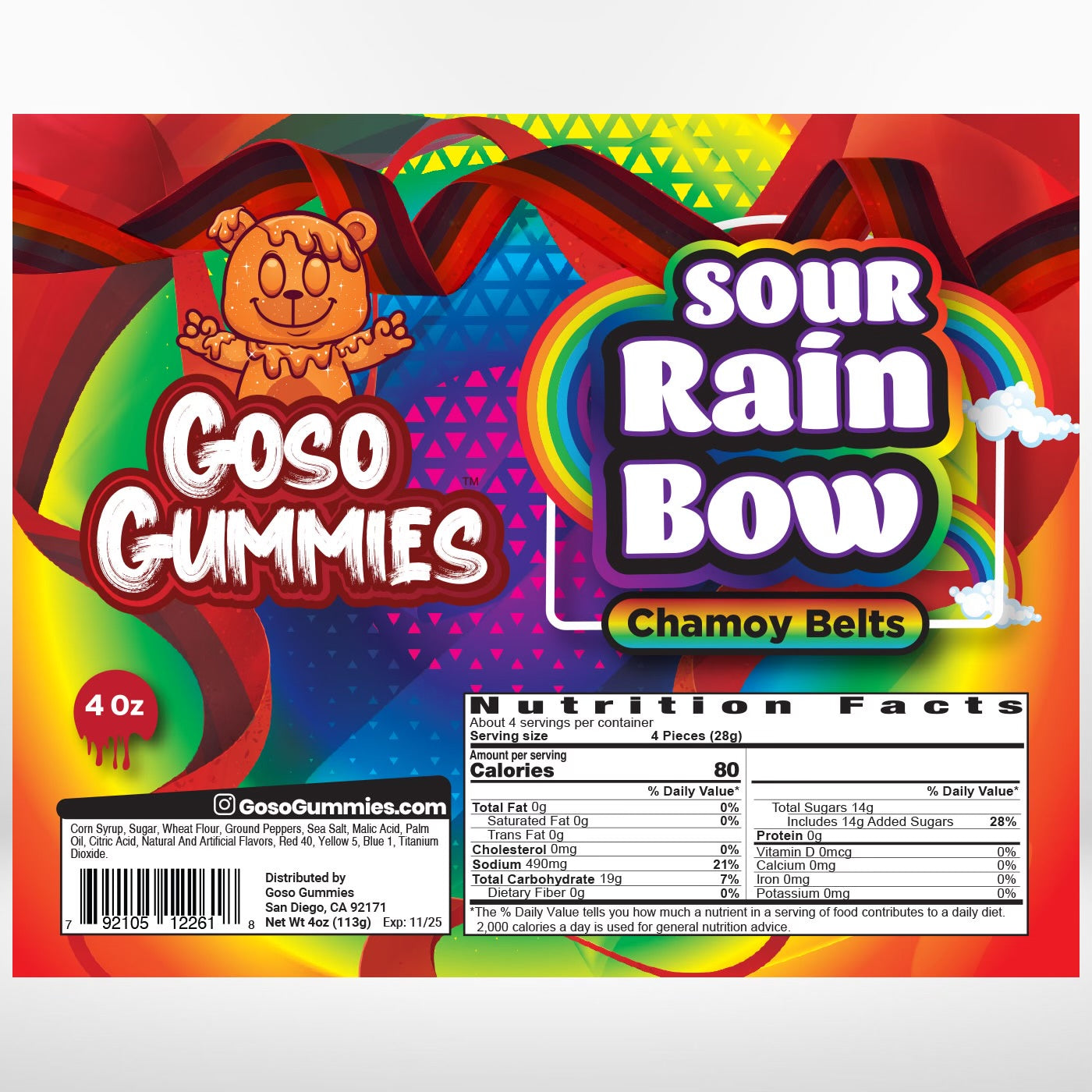 Goso Gummies Sour Rainbow Chamoy Belts - 4oz Bag