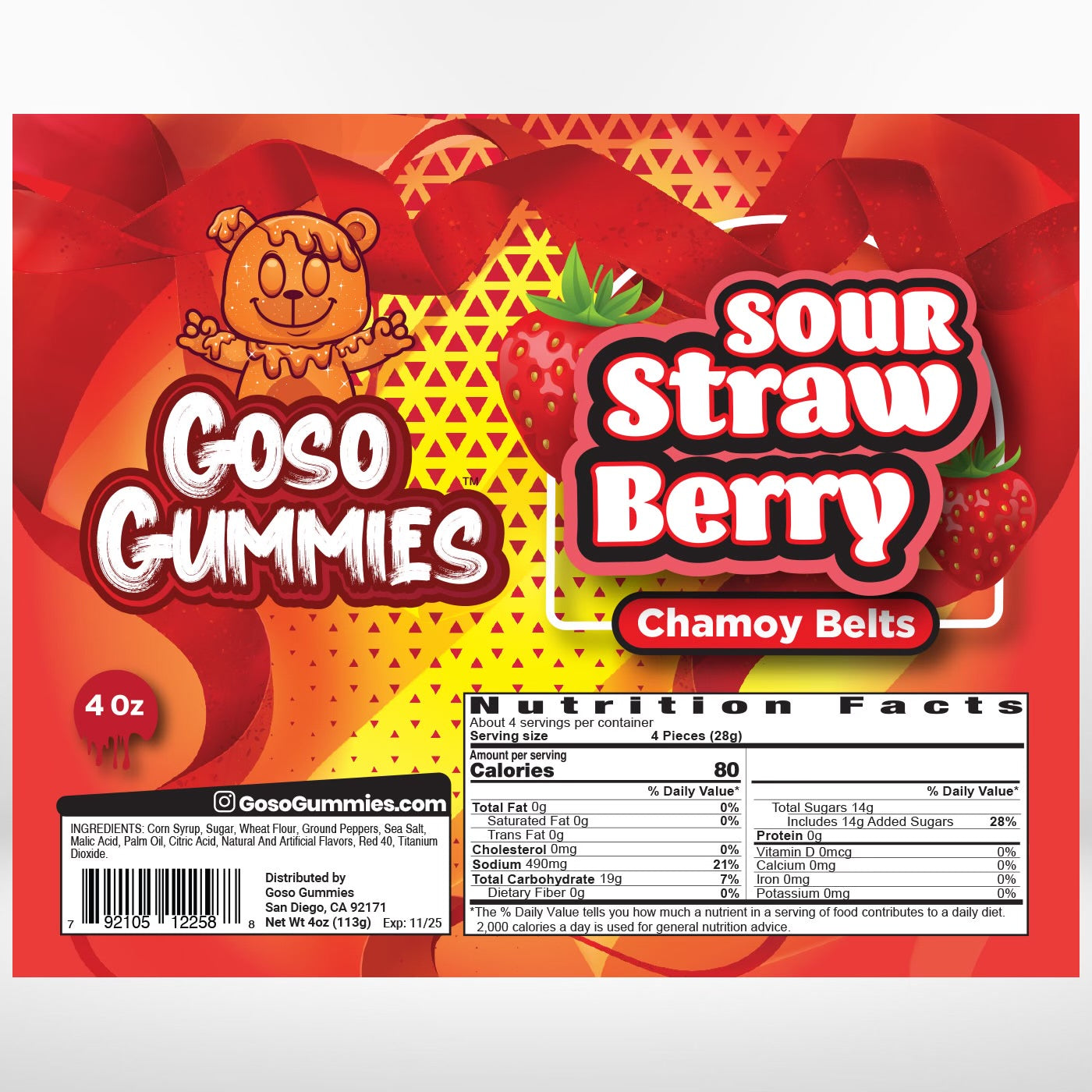 Goso Gummies Sour Strawberry Chamoy Belts - 4oz Bag