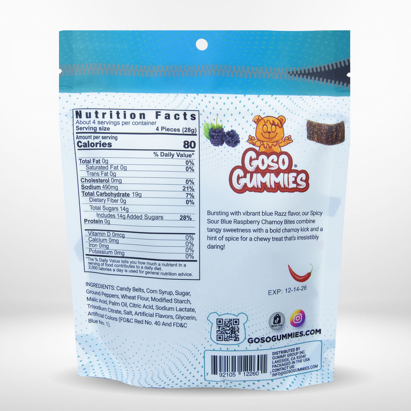 Goso Gummies Sour Chamoy Blue Raspberry Bites - 4oz Bag - Tangy Sweet Snack