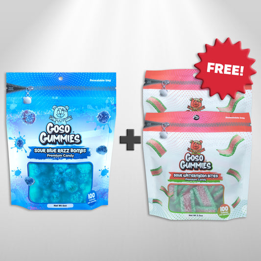 Goso Gummies Sour Blue Razz Gusher Bombs + 2 FREE Sour Watermelon Strips Bags - Viral Candy Deal – Free Gift