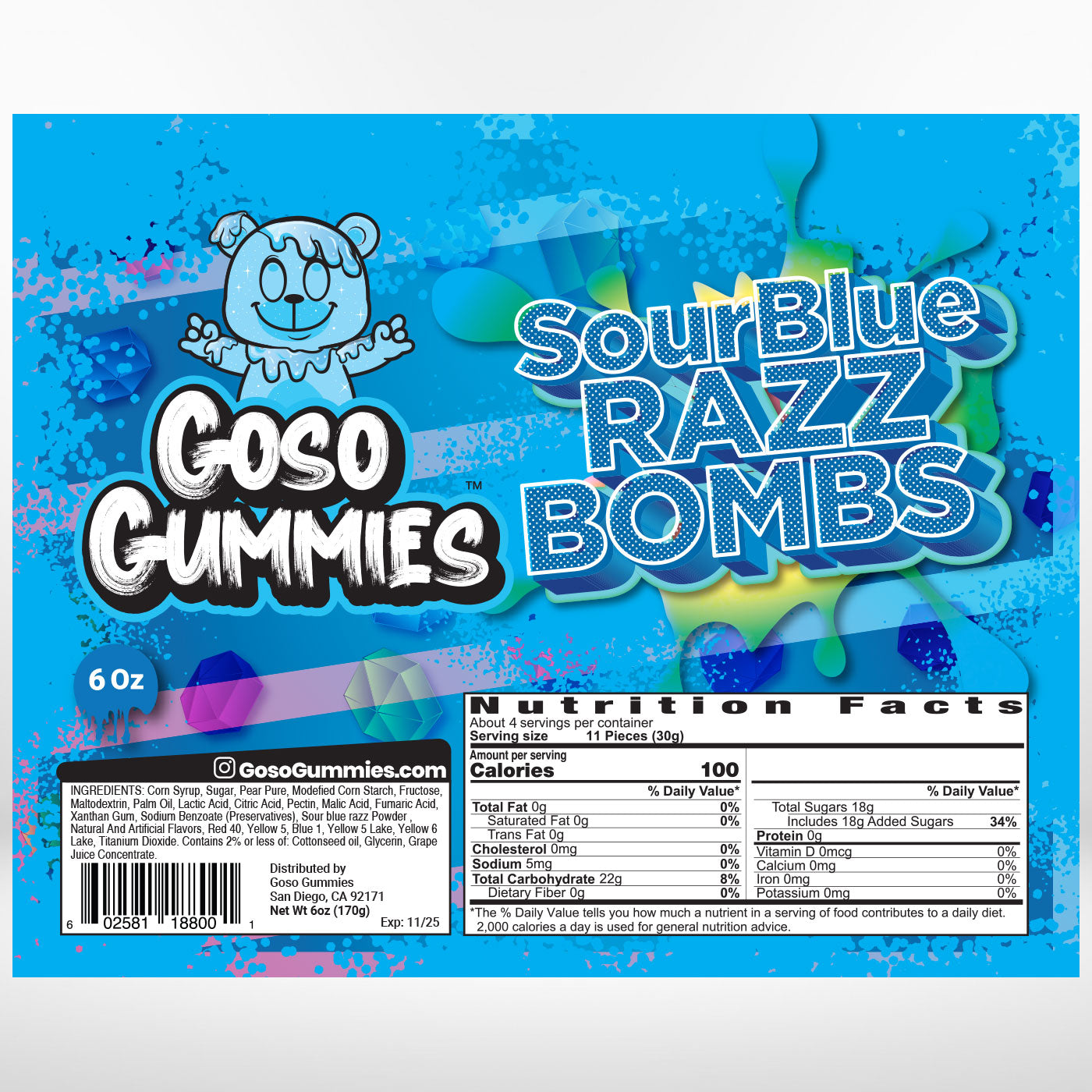 Goso Gummies Sour Blue Razz Gusher Bombs 6oz Bag