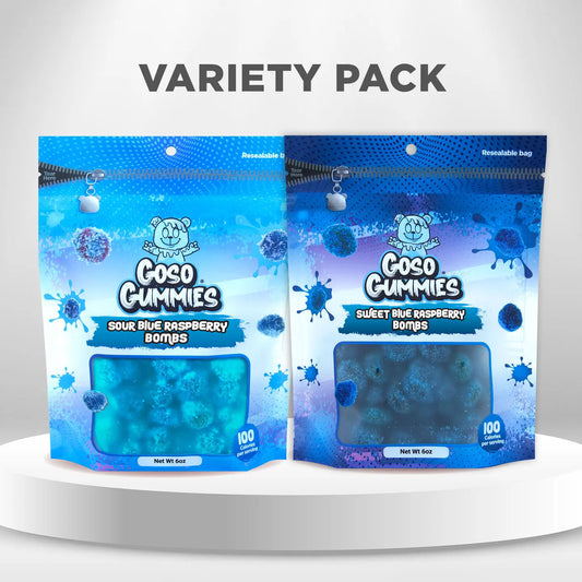 Sour Blue Razz Bombs 6oz + Sweet Blue Razz Bombs 6oz - 12oz Duo Pack - Gushers Candy