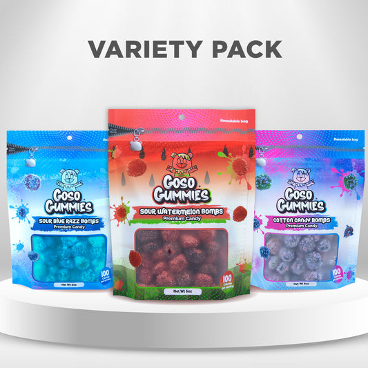 Goso Gummies Sour Blue Razz 6oz + Sour Watermelon 6oz + Cotton Candy Bombs 6oz - 3 Pack Combo 18 Ounces - Viral Gushers Candy Snack