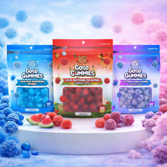 Sour Blue Raspberry 6oz + Sour Watermelon 6oz + Cotton Candy Bombs 6oz - 3 Pack Combo 18 Ounces - Viral Gushers Candy Snack