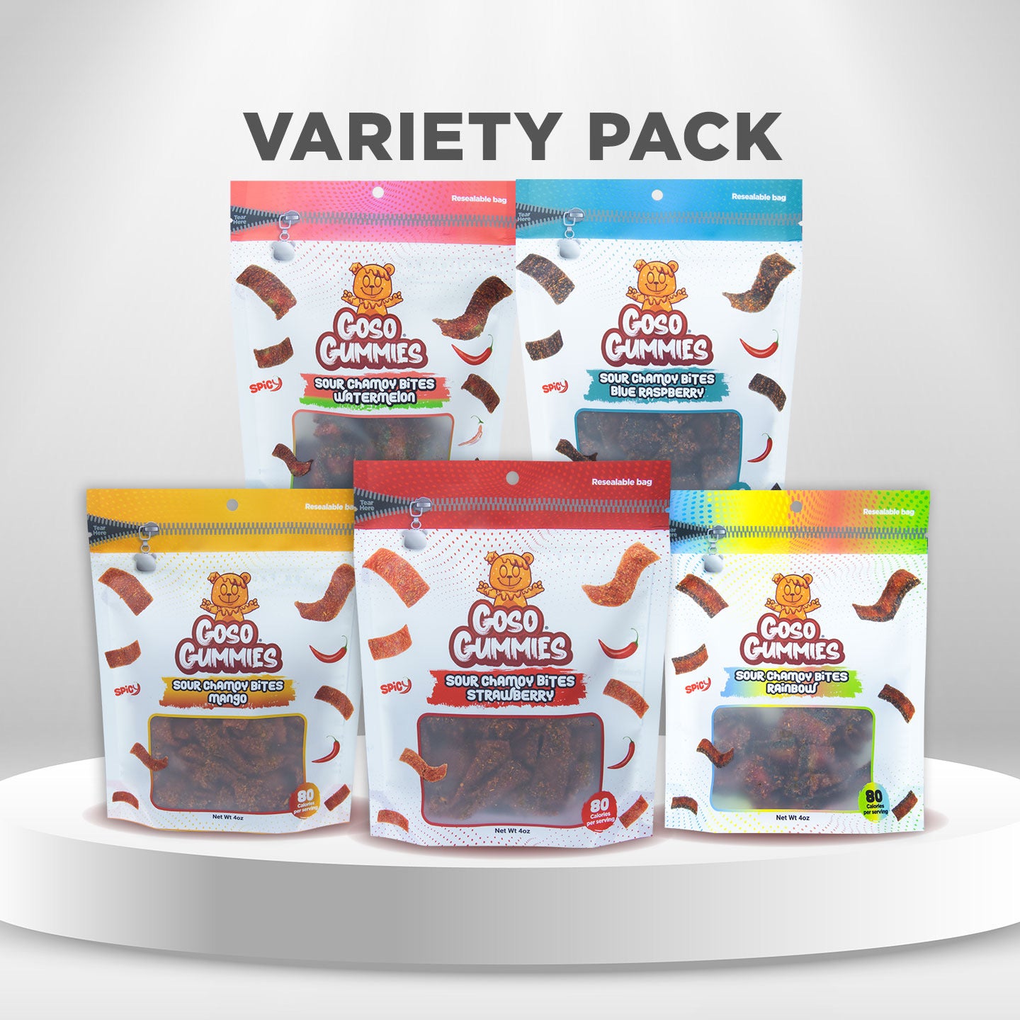 Goso Gummies Viral Sour Chamoy Strips – 5 Pack Variety Bundle (20oz) - Watermelon, Blueberry, Mango, Strawberry, Rainbow