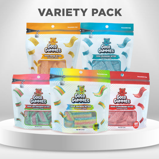 Goso Gummies - Viral Sour Strips Bites Variety Pack – 5 Flavors - Mango, Strawberry, Watermelon, Rainbow, Blueberry - Extreme Sour Strips & Fruity Bites Sampler - Viral Candy