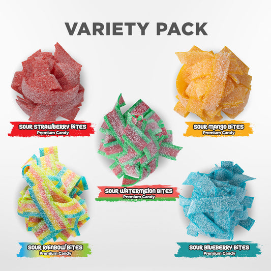 Goso Gummies - Sour Candy Bites Variety Pack – 5 Flavors - Mango, Strawberry, Watermelon, Rainbow, Blueberry - Extreme Sour Strips & Fruity Bites Sampler - Viral Candy