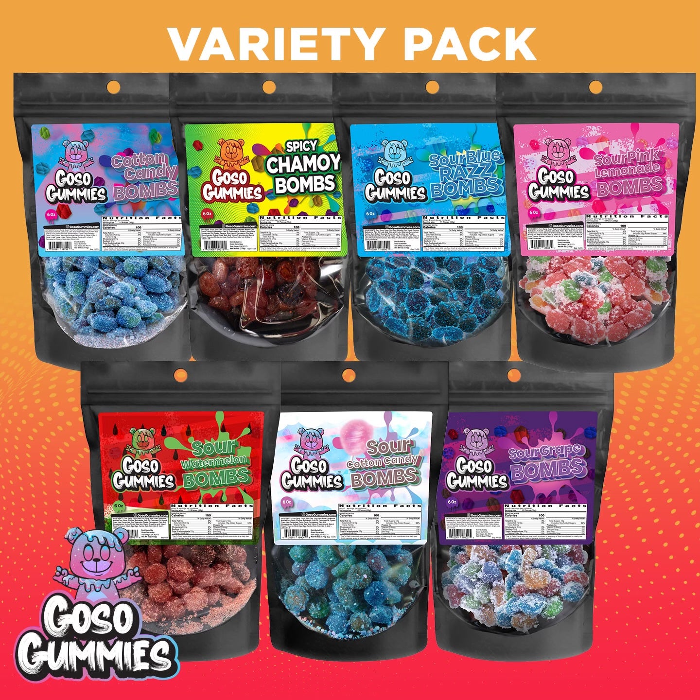 Goso Gummies 7 Bag Sweet & Sour & Spicy Variety Pack - 42 Ounces