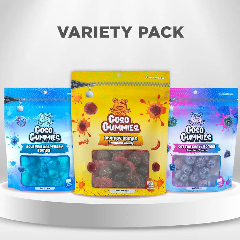 18oz Flavor Viral Gushers Bombs Trio – Sour Blue Raspberry Gushers, Spicy Chamoy Gushers, & Cotton Candy Gushers