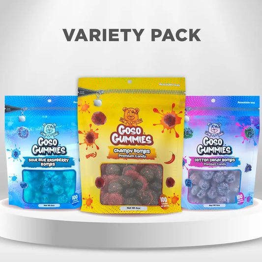 18oz Flavor Viral Gushers Bombs Trio – Sour Blue Raspberry Gushers, Spicy Chamoy Gushers, & Cotton Candy Gushers